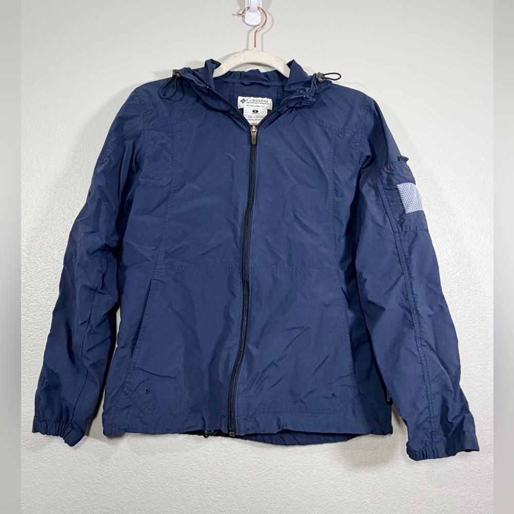 Vintage Columbia Windbreaker Rain Jacket Hooded Navy Blue Coat Pockets Women S